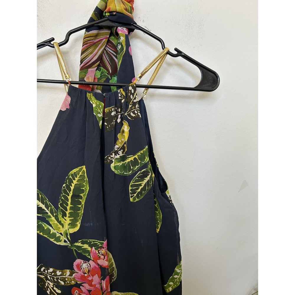 Trina Turk 100% Silk Jumpsuit M Tropical Floral Halter Gold Chain Wedding Guest - Picture 6 of 8